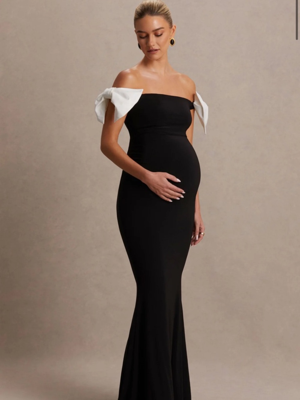 One-Shoulder Black Maternity Gown with White Bow Details